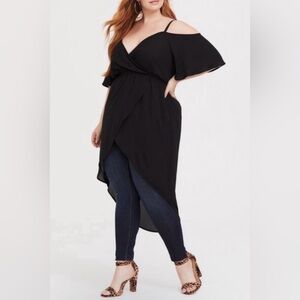 Torrid Black Cold Shoulder Surplice Hi-Lo Top Flutter Sleeve Plus 1X